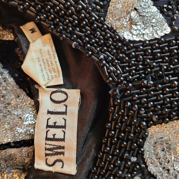 Vtg 80's Sweelo Silk Geometric Black Silver Metallic Sequin Beaded Blazer Sz M - Picture 12 of 12